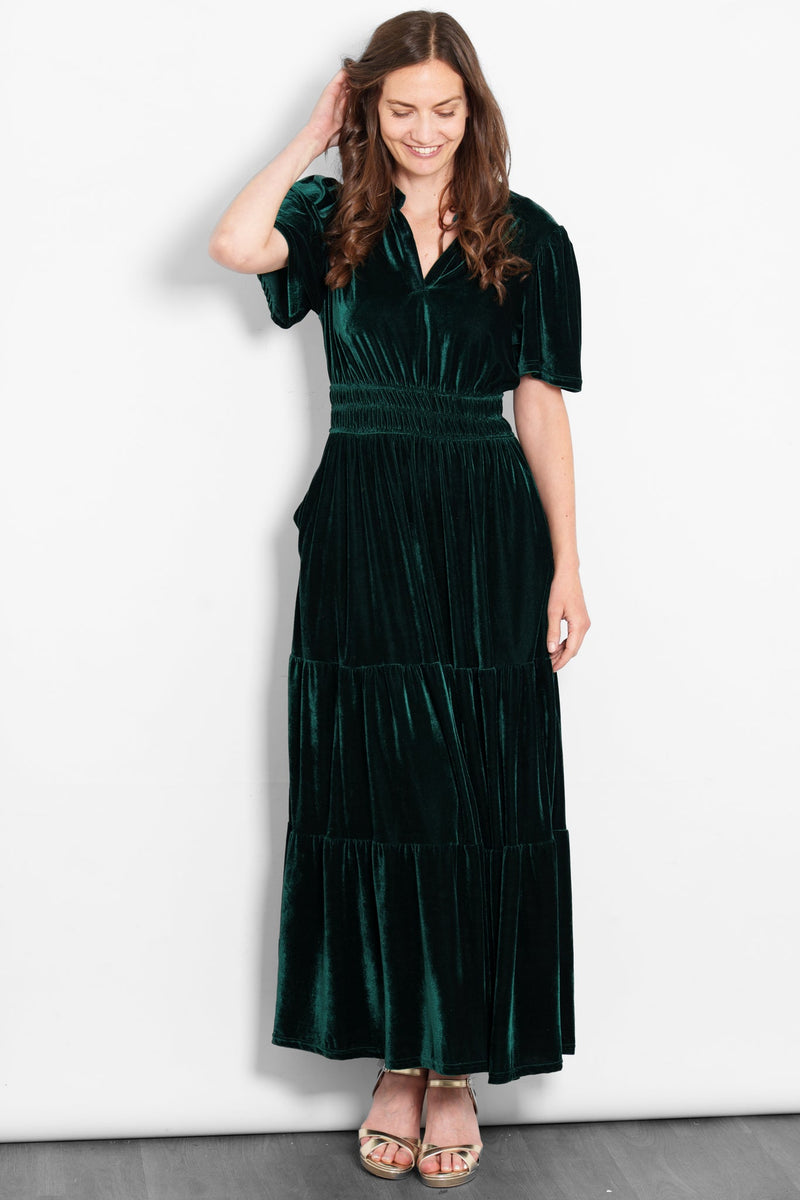 sartaandco – Sarta Green Velvet Maxi Party Dress Womens UK Evening