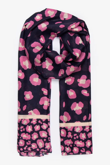 navy blue scarf with a pink leopard print pattern, border stripe and bordered animal print pattern