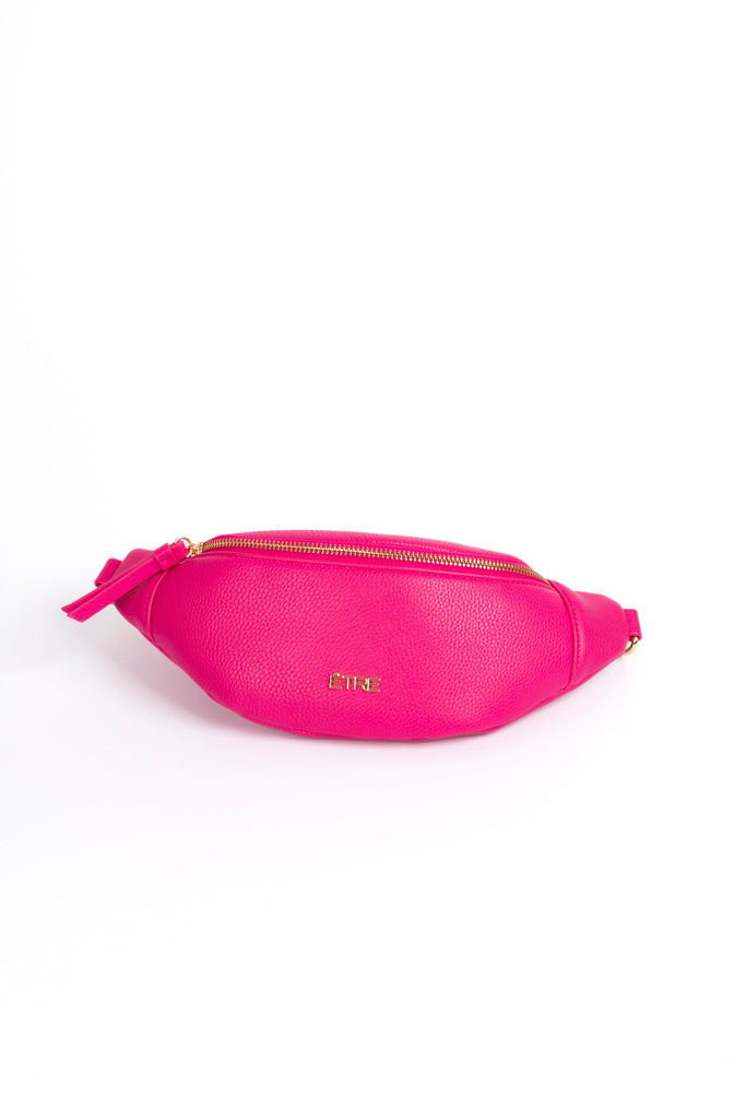 fuchsia pink pebbled faux leather bum bag with gold zip closure and gold hardware