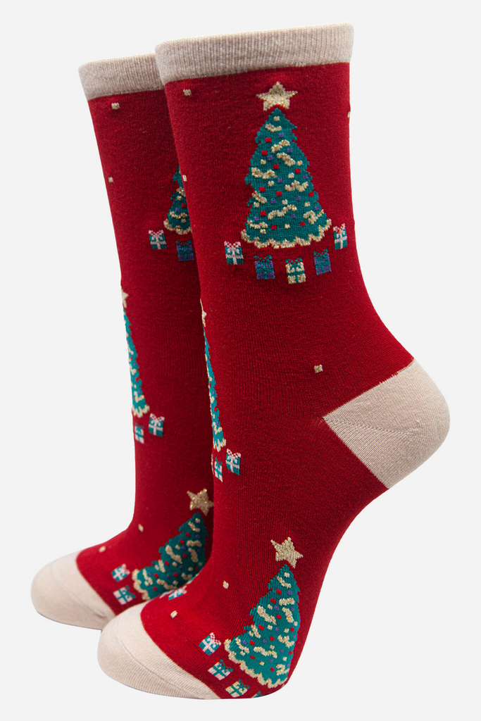 red bamboo socks will glittery xmas trees