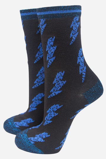 black socks with blue lightning bolts and blue sparkly glitter accents 