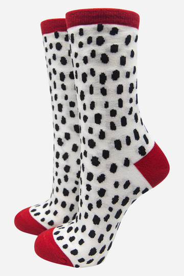 white and black dalmatian print bamboo ankle socks, red toe, heel and trim
