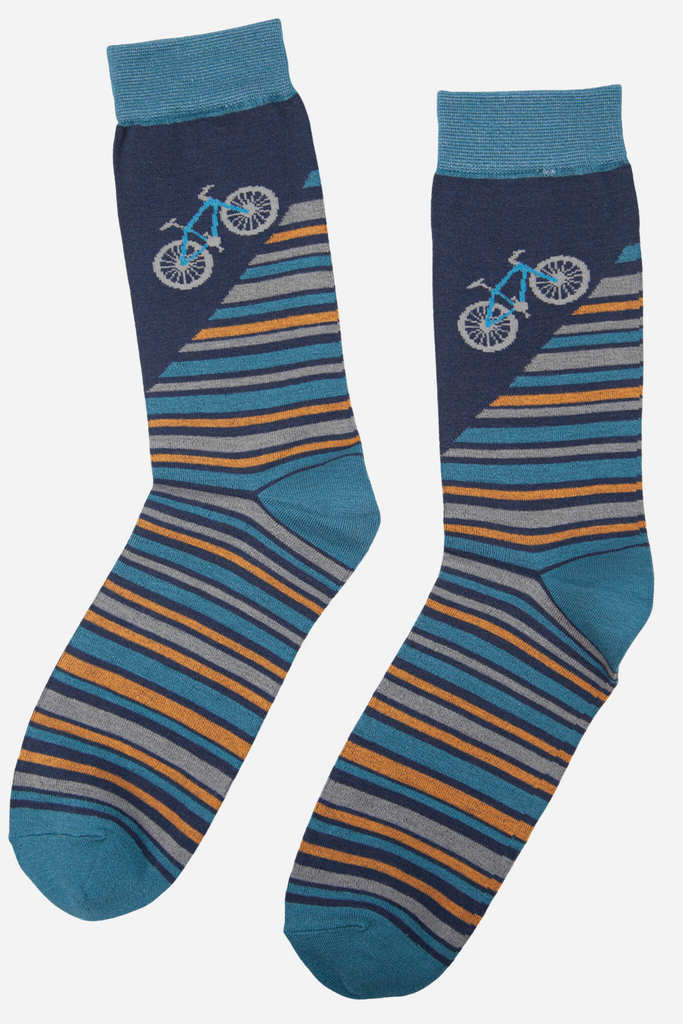 blue and yellow striped dress socks with a mountain bike on the ankle