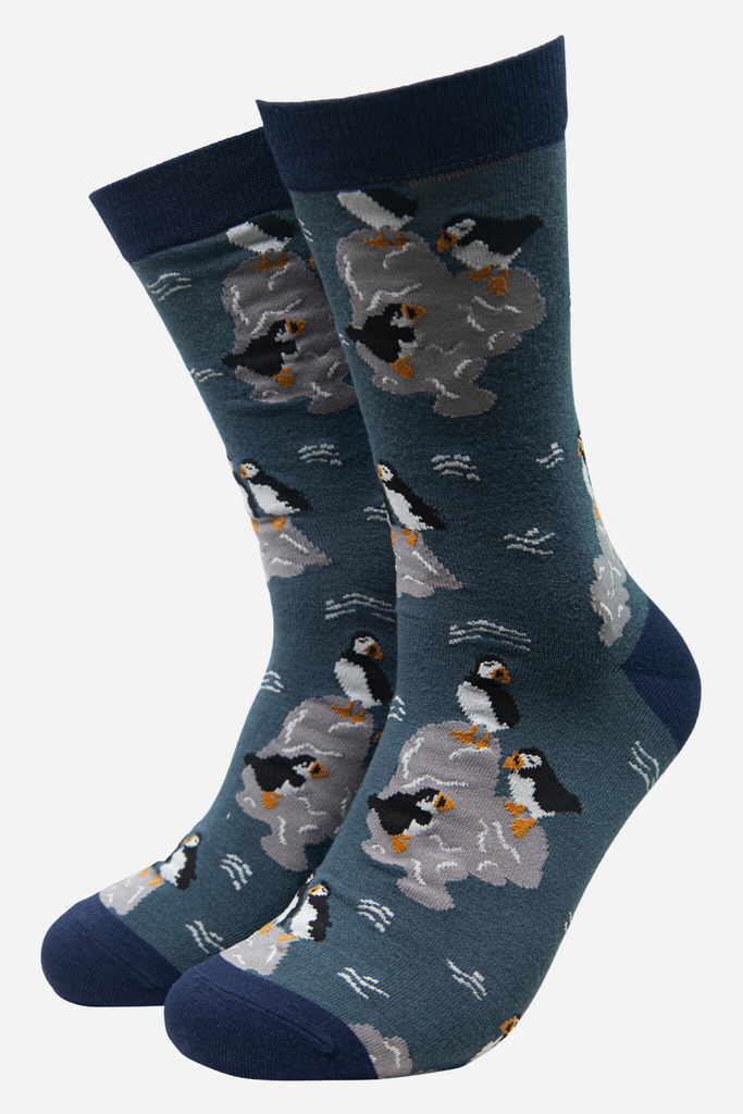 mens blue dress socks made from bamboo with puffin birds