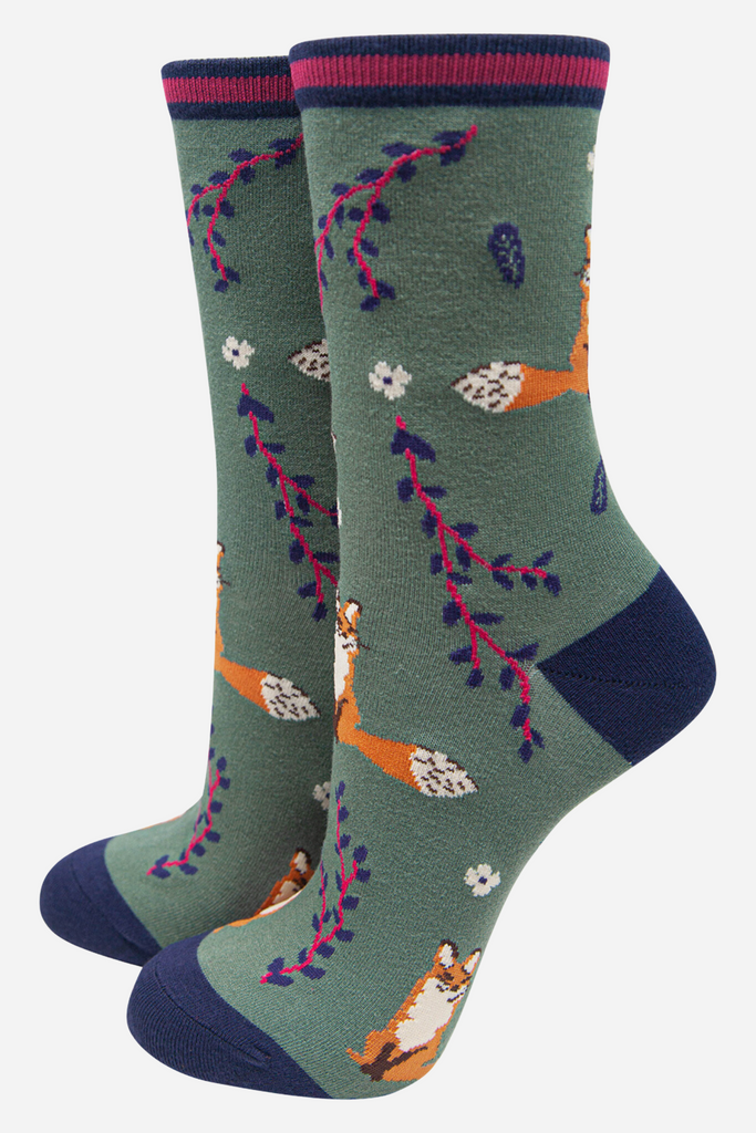 sage green ankle socks with red foxes, leaves and flowers