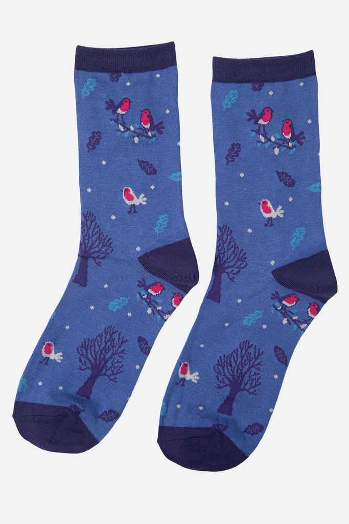 blue ankle socks with red robins and trees, navy blue heel, toe and trim