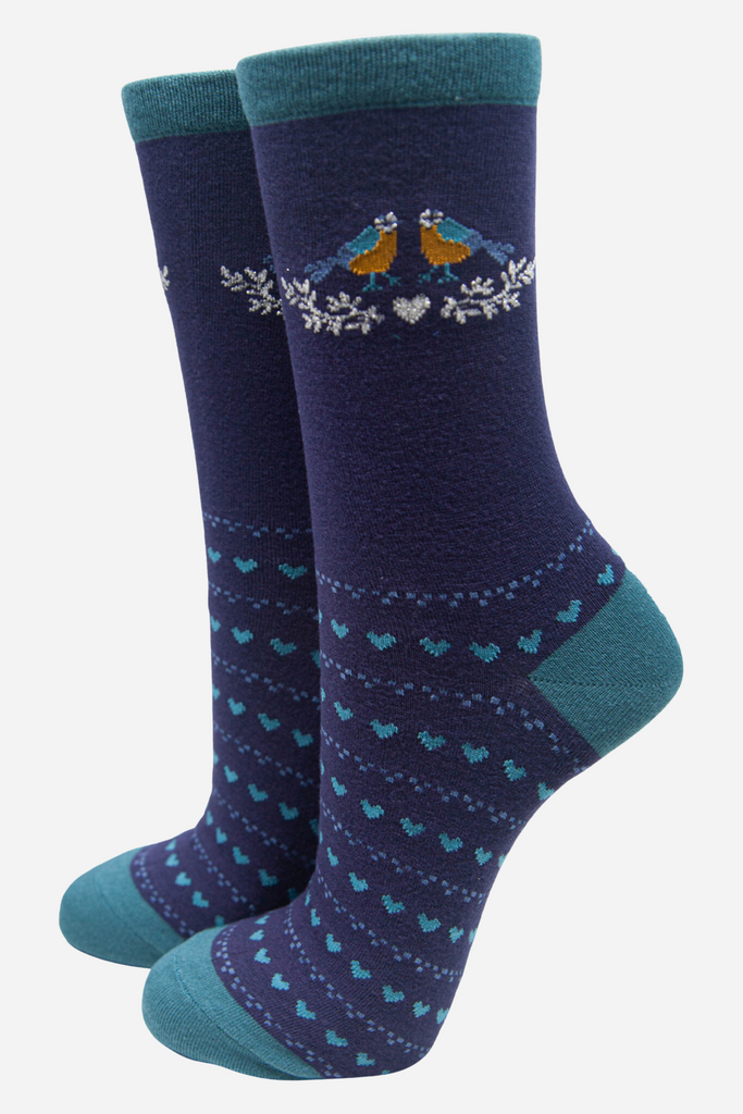 navy blue socks with blue love hearts and blue tit birds