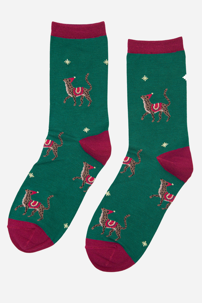 green socks with burgundy heel, toe and trim with a cheetah cat pattern