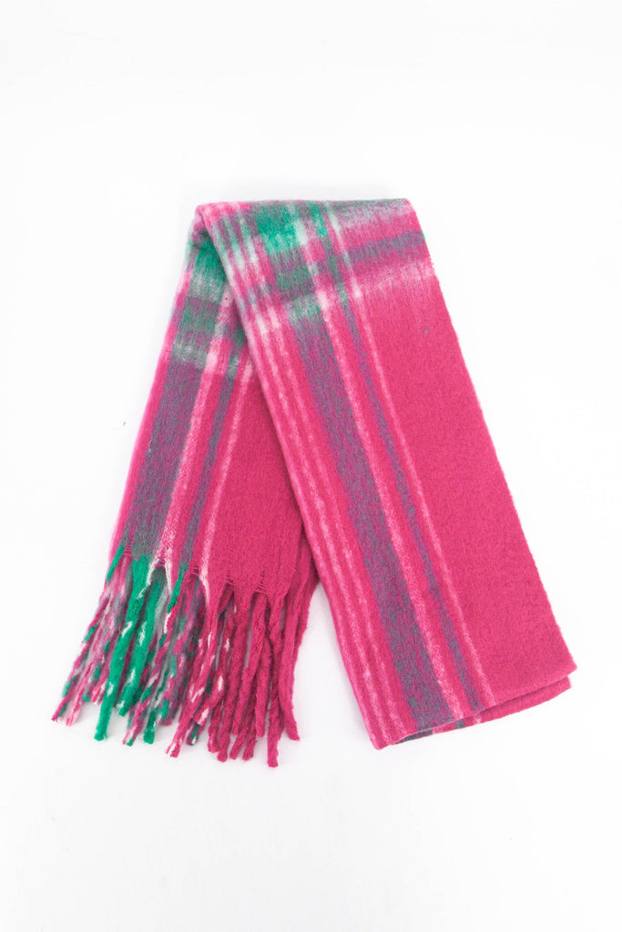 fuchsia pink and green traditional check scarf folded, showing clearly the tasselled fringe and small check pattern