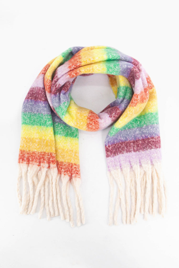 multicoloued rainbow striped warm winter scarf with a white fringed tasselled edge