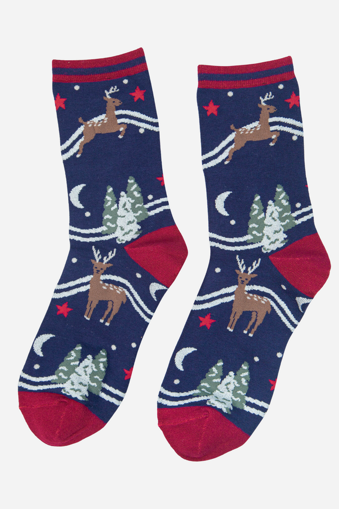 ankle socks featuring reindeer and christmas trees