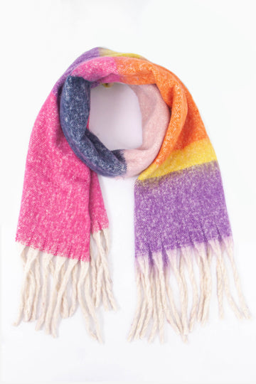 pink, orange and purple colour block striped winter scarf with white tassel trim