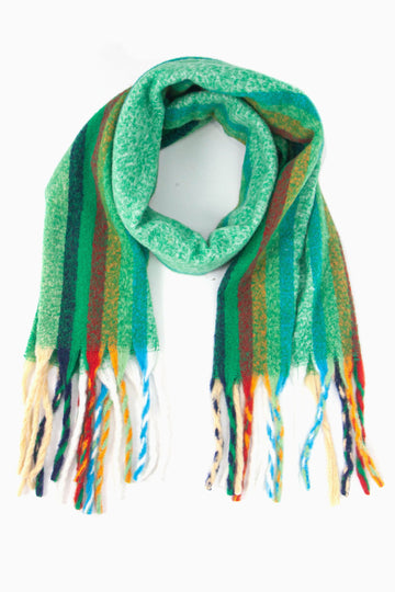 green and multi coloured vertical rainbow striped tasselled blanket scarf