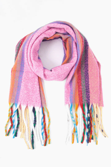 pink and multi coloured vertical rainbow striped tasselled blanket scarf