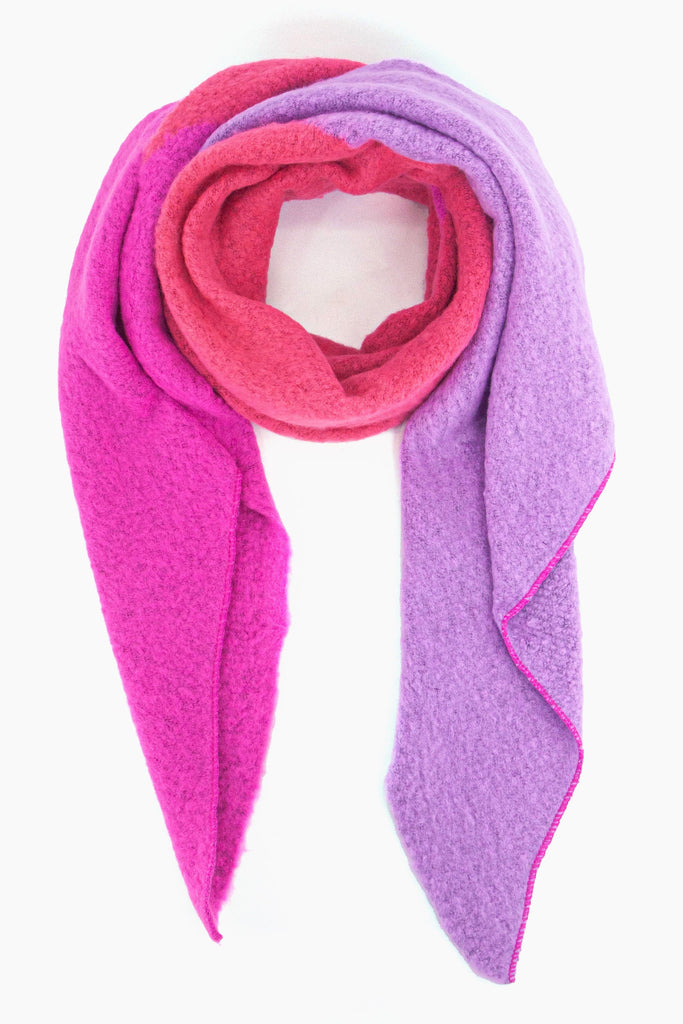 lilac and fuchsia pink contrasting colourblock asymmetric winter scarf