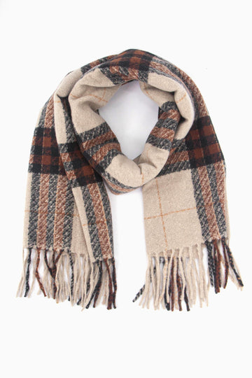 beige, brown and neutral traditional check winter scarf with tassles. the design looks like tartan with horizontal and vertical intersecting stripes