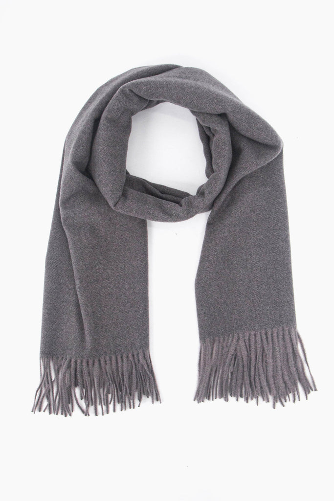 plain grey winter scarf with a tasselled fringe