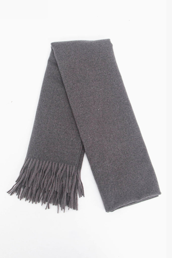 showing the scarf folded while laying flat, the plain grey design is shown