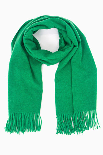 plain bright green winter scarf with a tasselled fringe