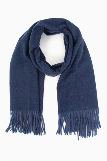 plain navy blue winter scarf with a tasselled fringe