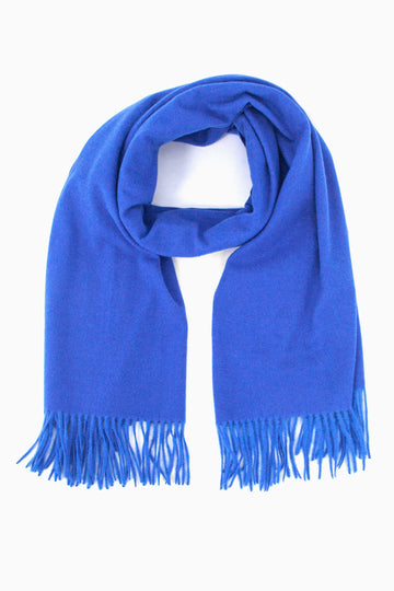 plain royal blue winter scarf with a tasselled fringe