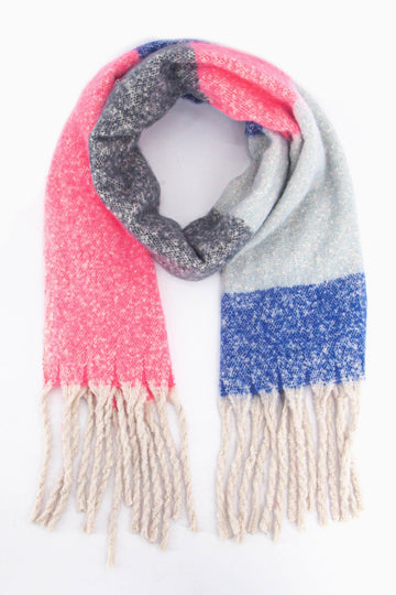 pink, blue and grey colour block heavyweight winter scarf with white tassel trims