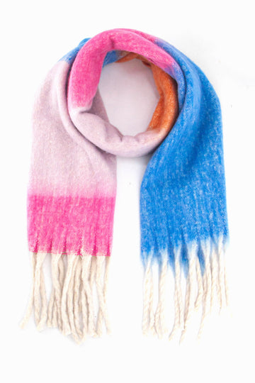 blue and pink colour block winter scarf with a white tassel trim