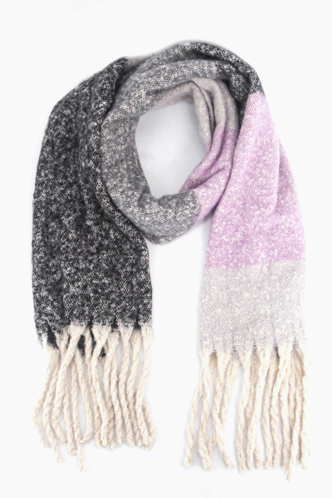 grey and lilac colour block winter scarf with a white tassel trim