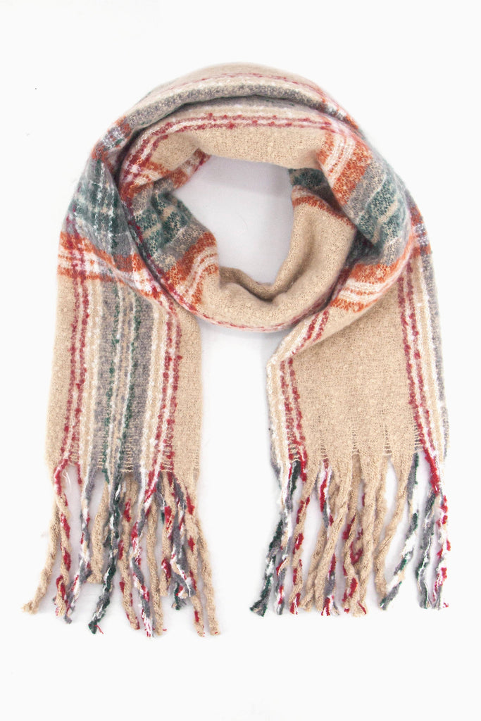 neutral cream scarf with a grey and red tartan plaid pattern, the scarf has a tasselled fringe edge