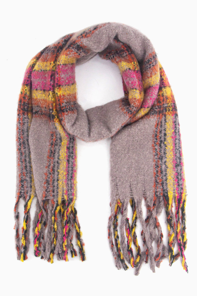 grey scarf with a multi-coloured tartan plaid pattern, the scarf has a tasselled fringe edge