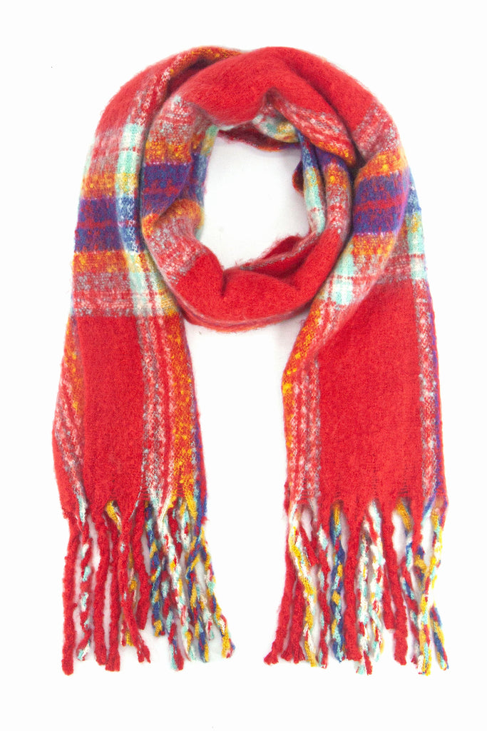 red scarf with a multi-coloured tartan plaid pattern, the scarf has a tasselled fringe edge