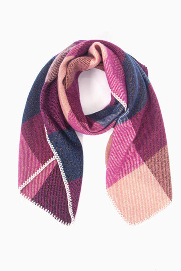 fuchsia, navy and pink check pattern winter scarf with an all over gold glitter sparkle