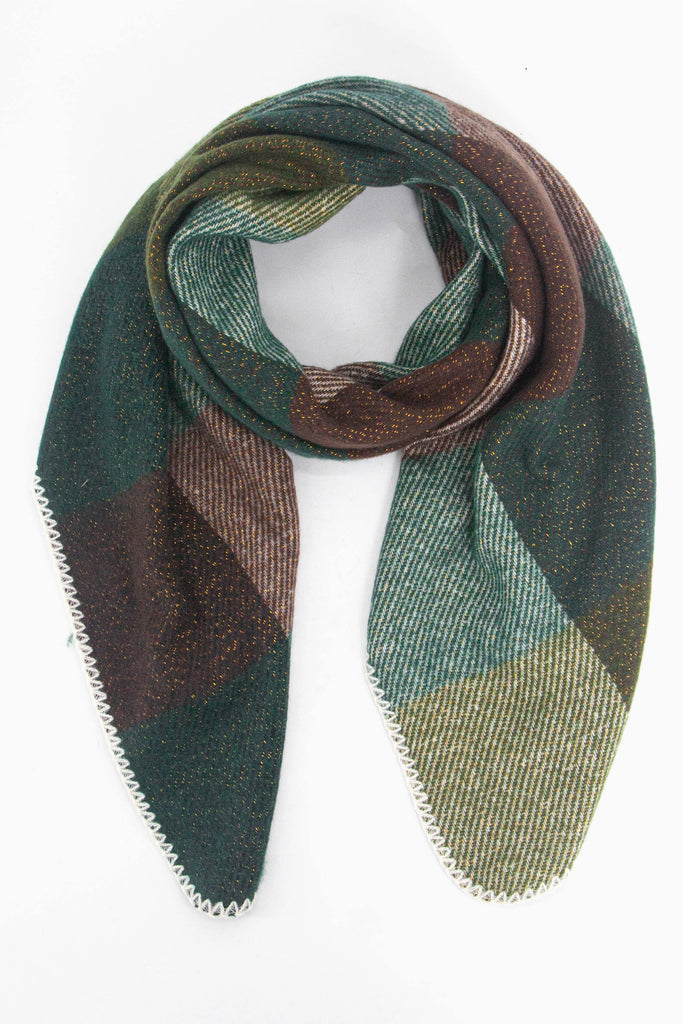 green check pattern winter scarf with an all over gold sparkle and white stitched trim