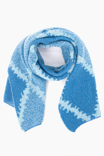 denim blue scarf with a bold crosshatch pattern, the scarf is asymmetrical