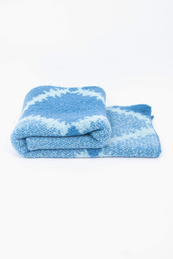 side view of the scarf when folded, showing the texture and thickness of the material. this scarf is warm and winter weight