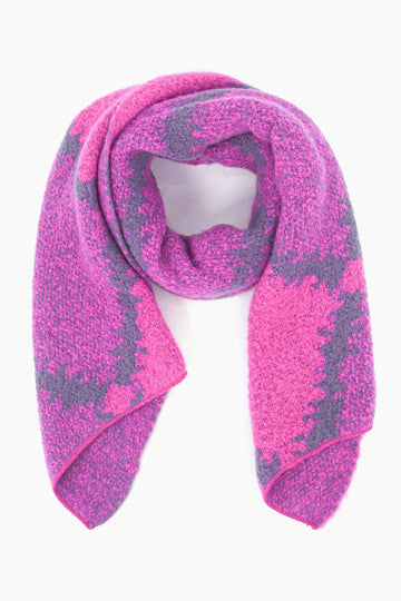 fuchsia pink scarf with a bold crosshatch pattern, the scarf is asymmetrical