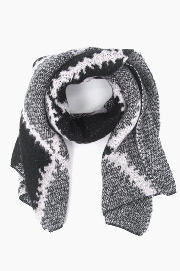 black and grey scarf with a bold crosshatch pattern, the scarf is asymmetrical