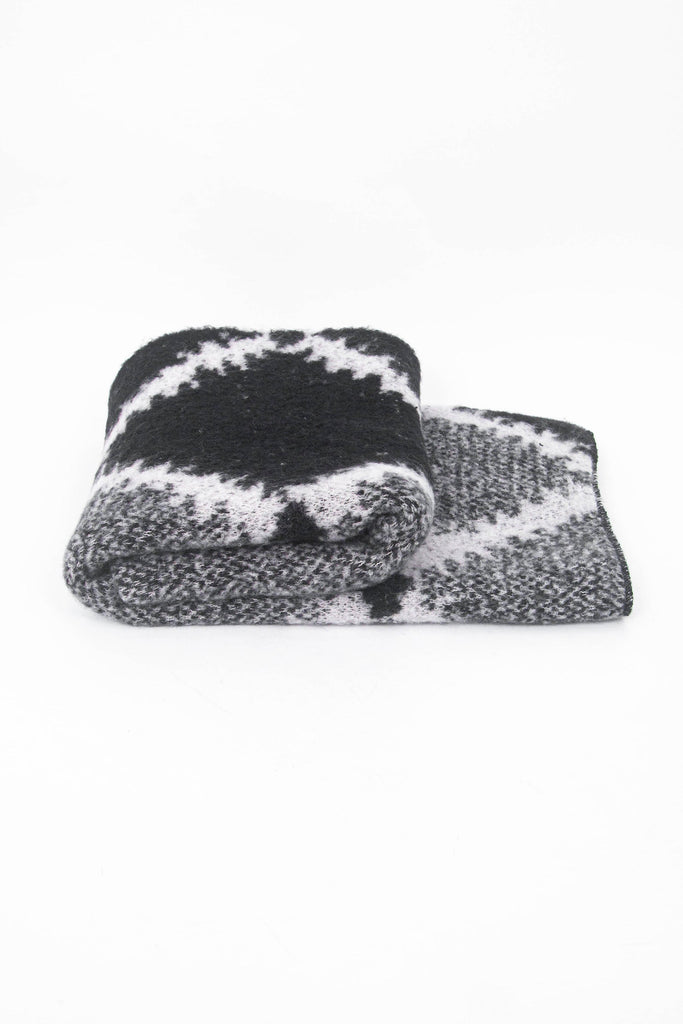 side view of the scarf when folded, showing the texture and thickness of the material. this scarf is warm and winter weight