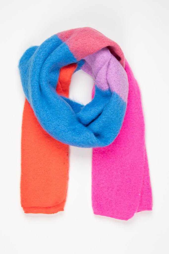 colour block winter scarf made from soft knitted viscose, the scarf has orange, pink, blue and purple blocks of colour in the design.