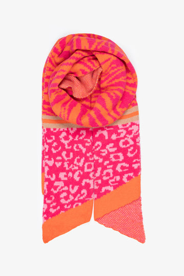 orange and fuchsia pink leopard print and tiger print winter scarf