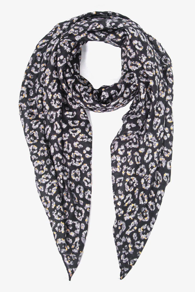 black scarf with an all over grey leopard print pattern with gold foil accents