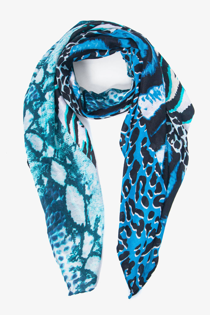 blue mixed animal print lightweight scarf, the scarf has leopard, tiger, snake and zebra print patterns