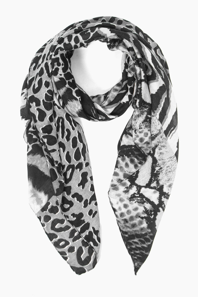 grey mixed animal print lightweight scarf, the scarf has leopard, tiger and zebra print patterns