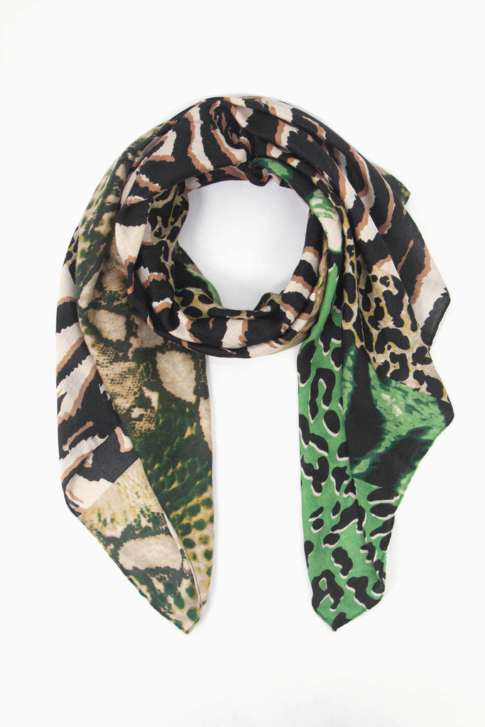 green mixed animal print lightweight scarf, the scarf has leopard, tiger, snake and zebra print patterns