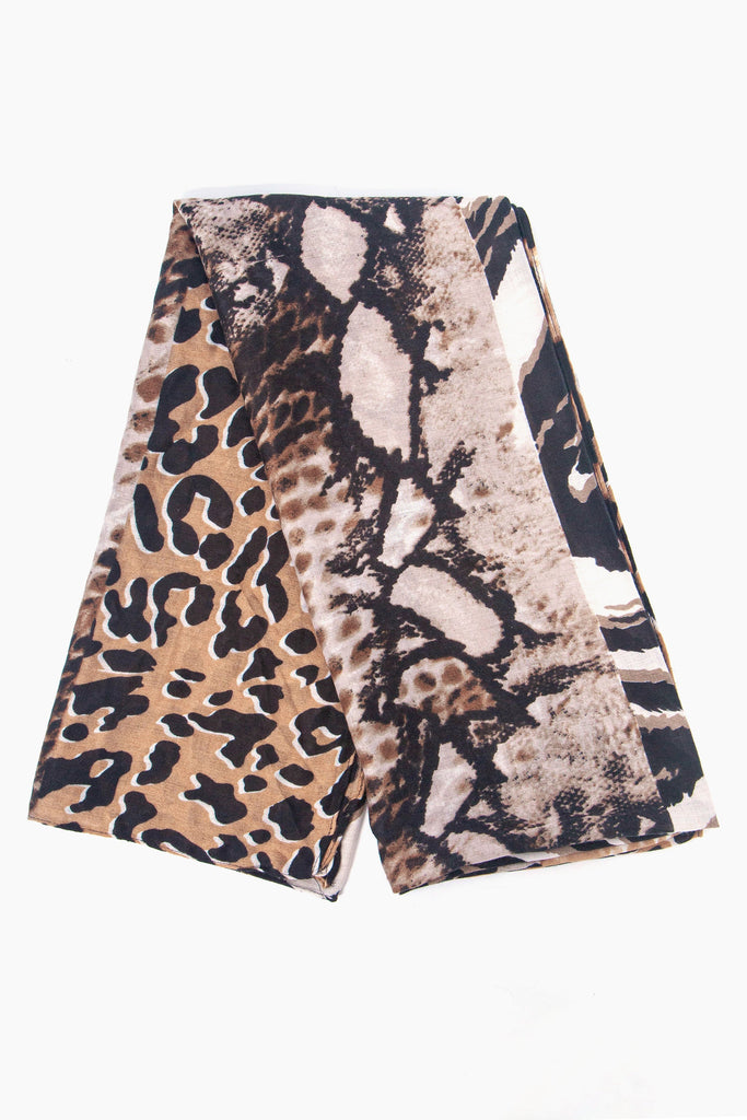 showing the scarf folded, the neutral ombre mixed animal print pattern is shown to cover the whole scarf