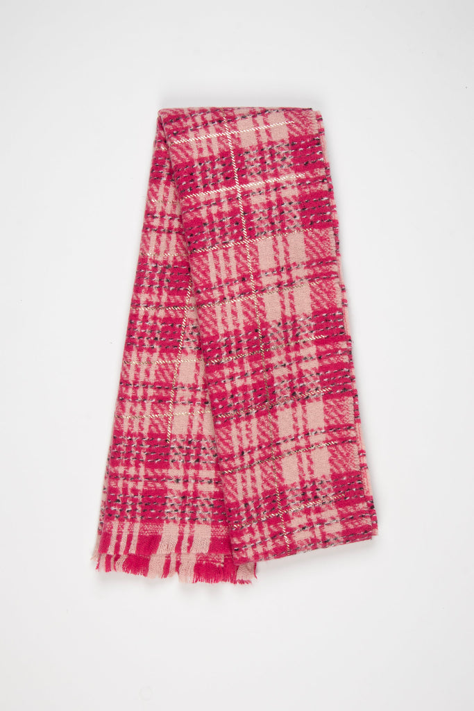 showing the scarf folded, the fuchsia and pink checked tartan pattern is shown to cover the full design