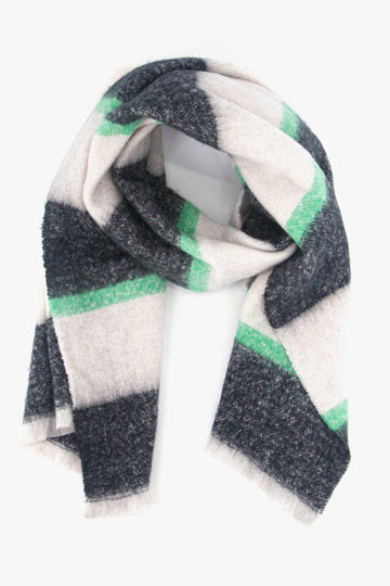 black, white and mint green block stripe midweight scarf with a fringed edge