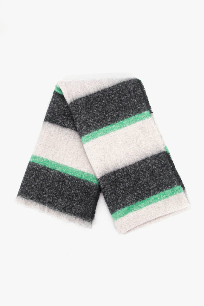 showing the scarf folded the block stripe pattern is shown to cover the whole scarf, there are thick black and white stripes interspersed with a thin mint green stripe