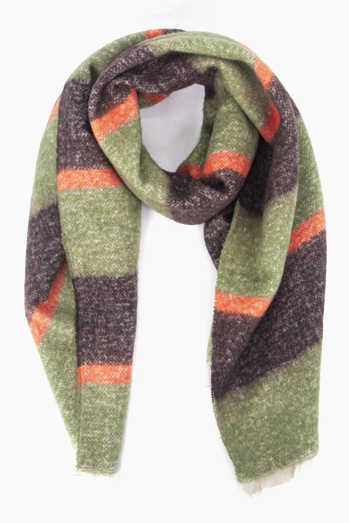 khaki green and orange block stripe midweight scarf