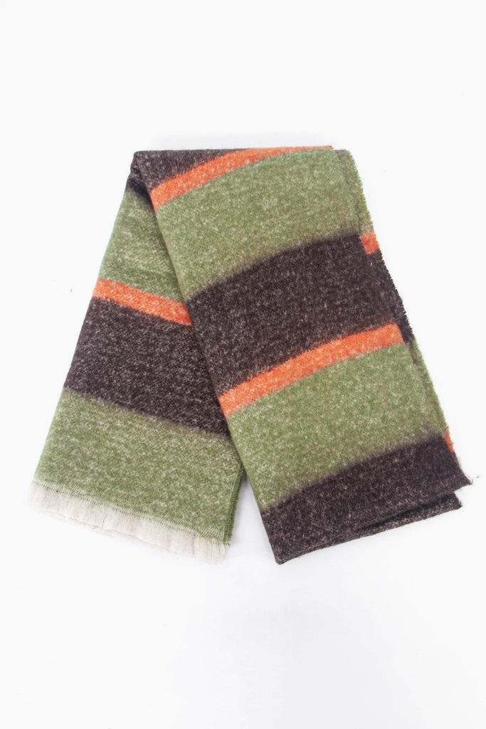 showing the scarf folded the block stripe pattern is shown to cover the whole scarf, there are thick black and khaki stripes interspersed with a thin orange stripe